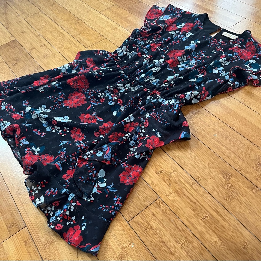 Dolan Julia Clip Dot Jacquard Chiffon Black and Red Floral Mini Ruffle Dress - Picture 3 of 10